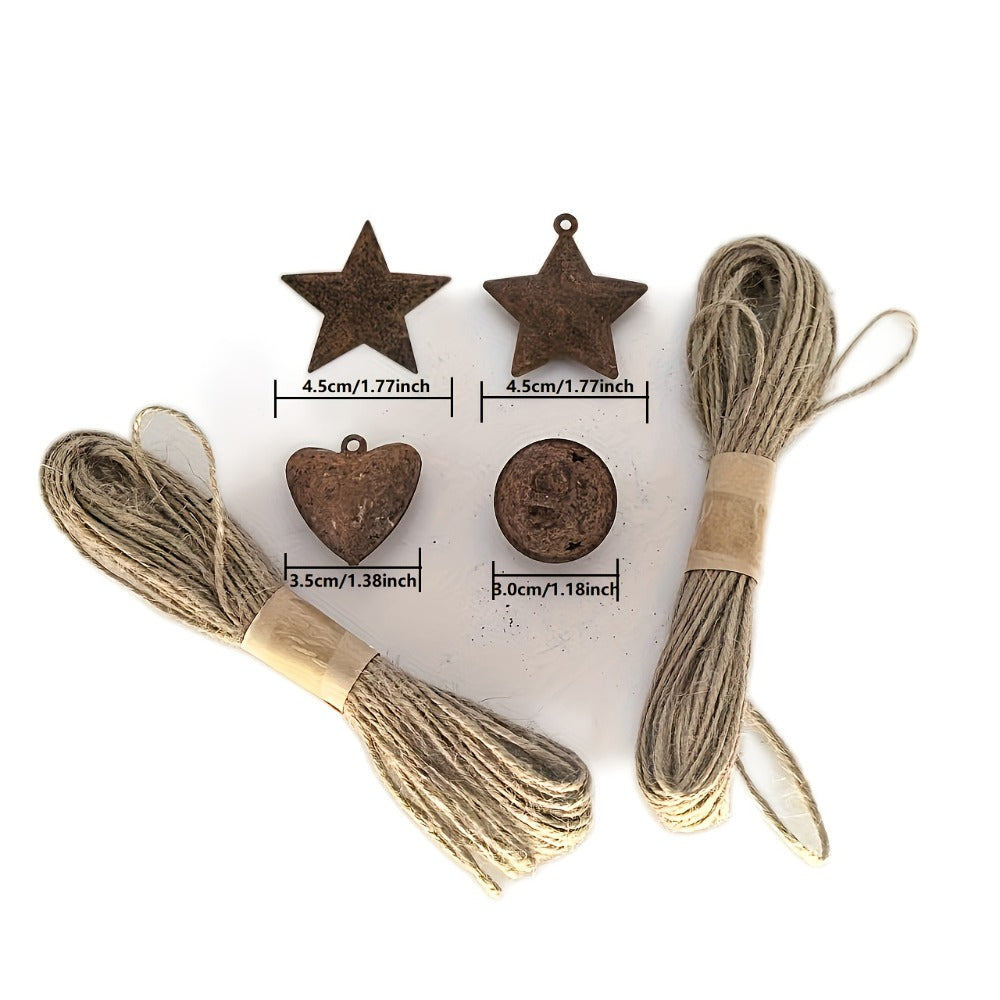 Christmas Bells Decorations 62pcs Set ¨C Rustic Iron Jingle Bells with Heart, Star & Round Shapes, Vintage Craft Bells with 2 Rolls of Rope for Christmas Tree, Party & Home Decor DIY Ornaments
