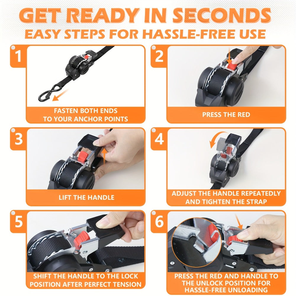 Retractable Ratchet Straps with Extension Strap ¨C Heavy Duty Auto Self-Retracting Tie Down Cargo Straps for Truck Trailer Motorcycle Moving & Appliances