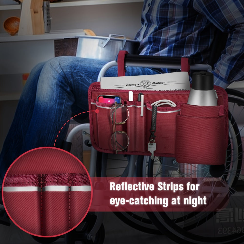 Wheelchair Bag Side Storage with Cup Holder Reflective Strips 8 Pockets 14x7.5 Inch for Electric Power Wheelchairs Walkers Rollators Accessories for Seniors
