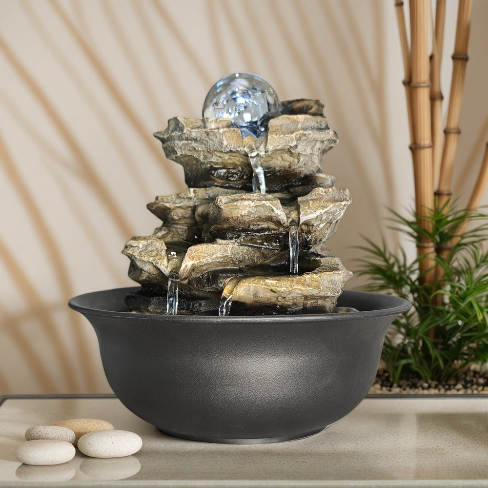 Indoor Tabletop Fountain with LED Lights ¨C Crystal Ball Rolling Waterfall Desktop Zen Fountain Humidifier for Living Room Office Bedroom