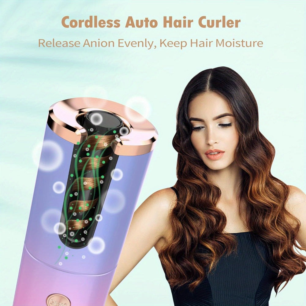 Cordless Curling Iron 1 Inch USB Rechargeable, Automatic Rotating Ceramic Curling Wand with 6 Heat Settings LCD Display, Scald-Free Detangle Hair Curler for All Hair Types Wet Dry Styling