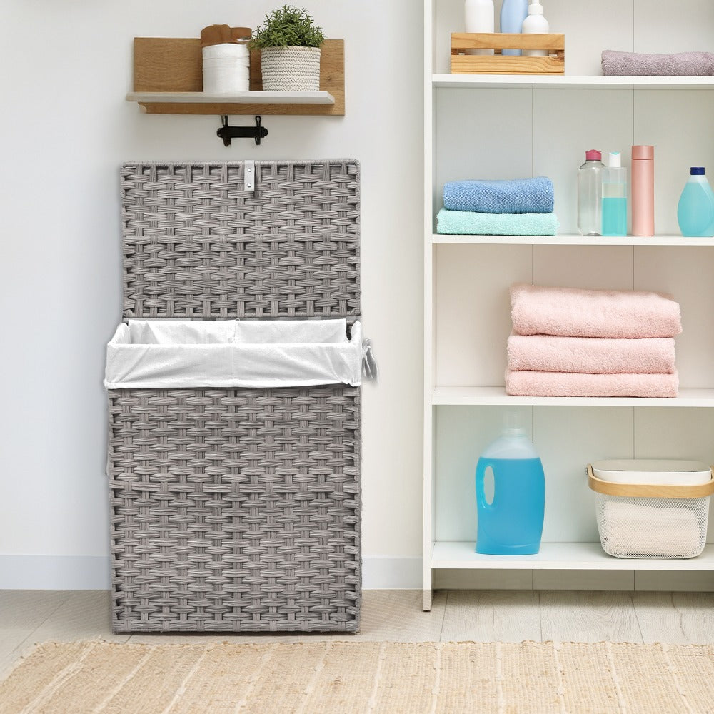 Laundry Hamper with Lid Large Capacity Woven Rattan Storage Basket, Collapsible Clothes Hamper with Handles & Removable Liner, Foldable Breathable Wicker Basket for Bedroom Home Dorm, 2 Sizes