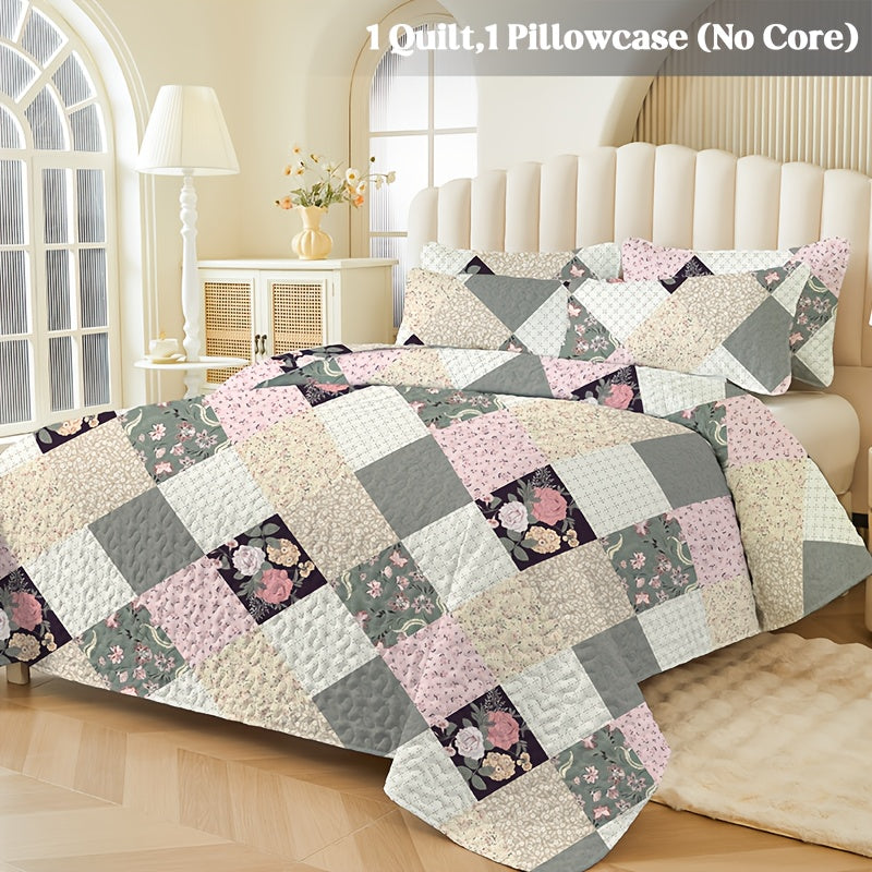 Quilt Set 2 3 Piece Lightweight Floral Patchwork Coverlet Bedding Set with Pillow Shams, Boho Quilted Bedspread for Twin Full Queen King, All Season Soft Cozy Bed Cover Green Blue Pink Grey
