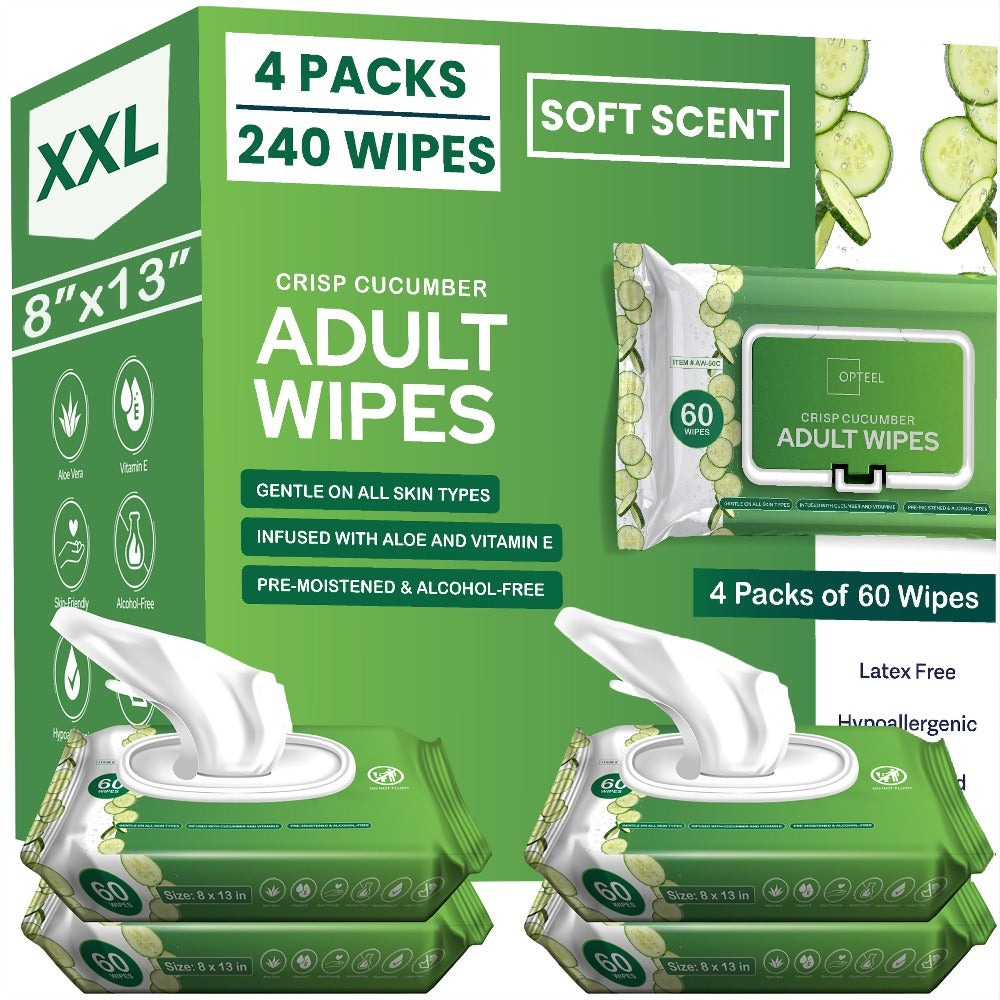 Extra Large Adult Wet Wipes 8x13 Inch 240ct 4 Packs of 60 Aloe Vitamin E Cucumber Scent Alcohol-Free Latex-Free Disposable Bathing Wipes for Elderly Incontinence Personal Care