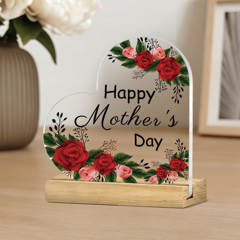 Mother's Day Heart-Shaped Acrylic Sign with Wooden Base | Floral Desktop Ornament for Home Living Room Bedroom | Heartwarming Mom Gift for Mother's Day Celebration Table Decor
