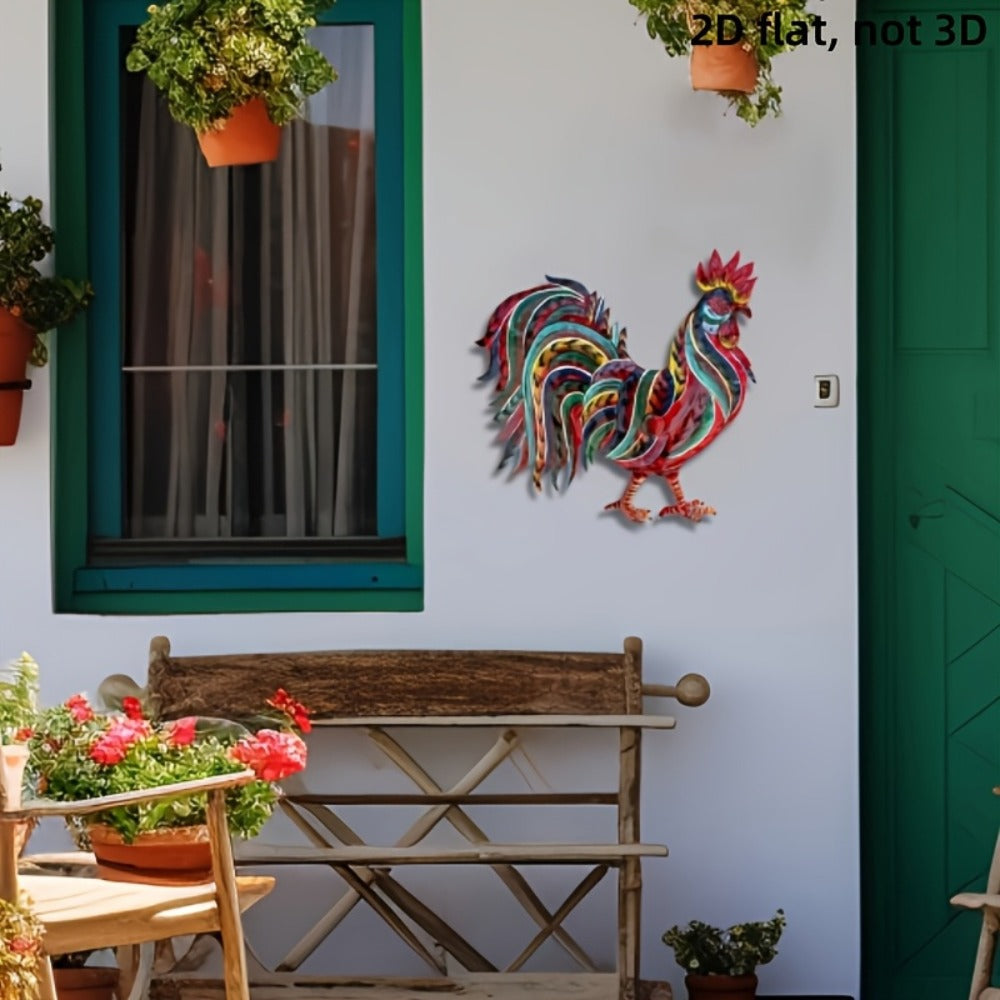 Metal Chicken Decoration 2D Flat Iron Art Farmhouse Decor | Rustic Country-Style Floor Standing Statue for Garden Backyard Courtyard Kitchen Lawn Wall Indoor Outdoor Home Decor 11.8x11.46 Inch