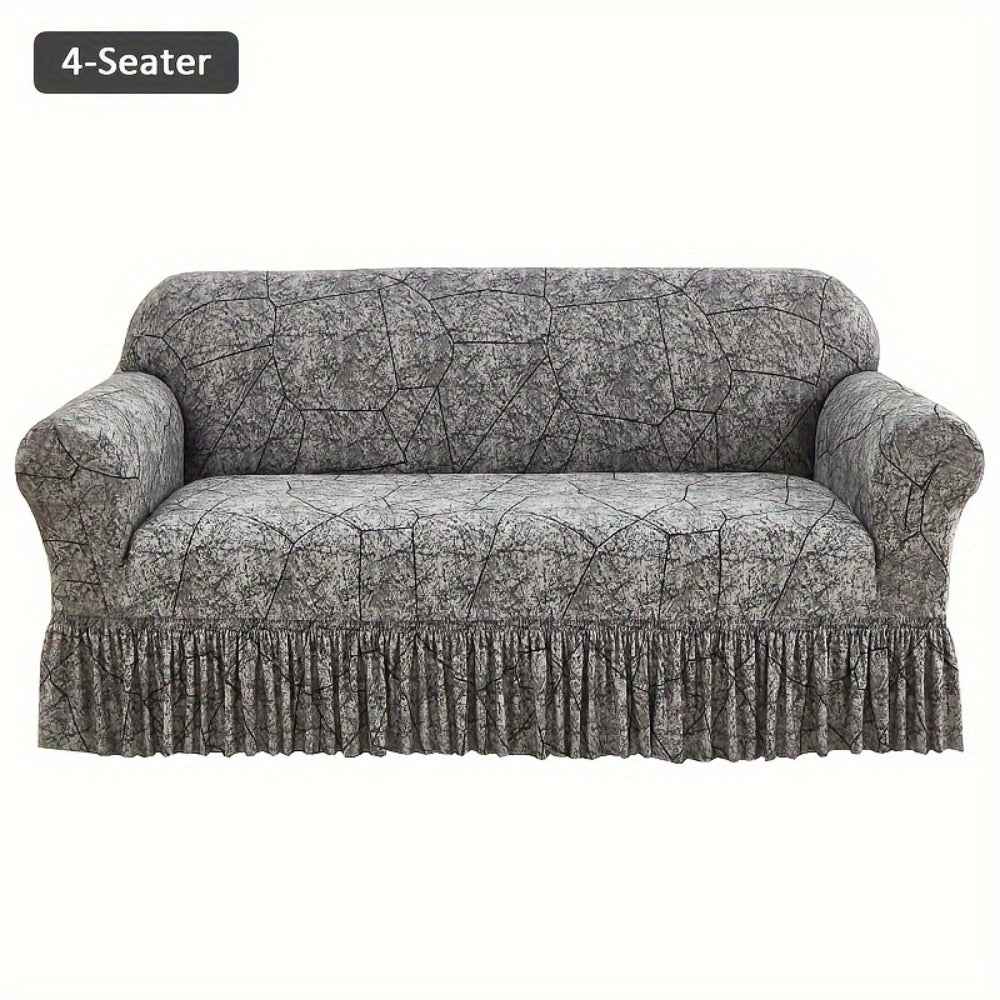 Printed Elastic Skirt Sofa Cover Modern Hem Design Stretch Sofa Slipcover Protective Furniture Cover for Living Room Single 2 3 4 Seater Machine Washable