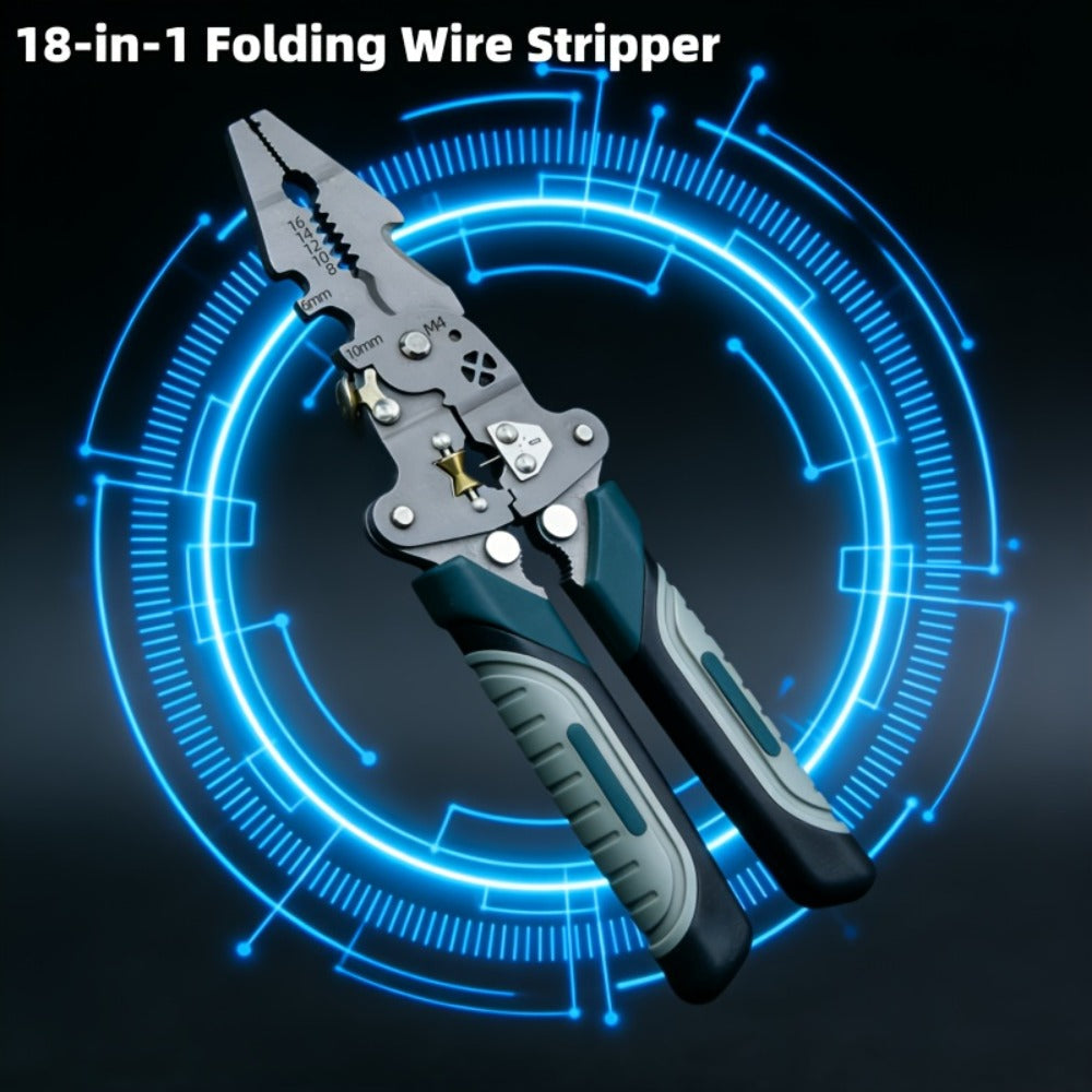 Wire Stripping Pliers 18-in-1 High Carbon Steel Foldable Ergonomic Electrician Tool Wire Stripper Cutter Crimper Puller for Home Electrical DIY Repair
