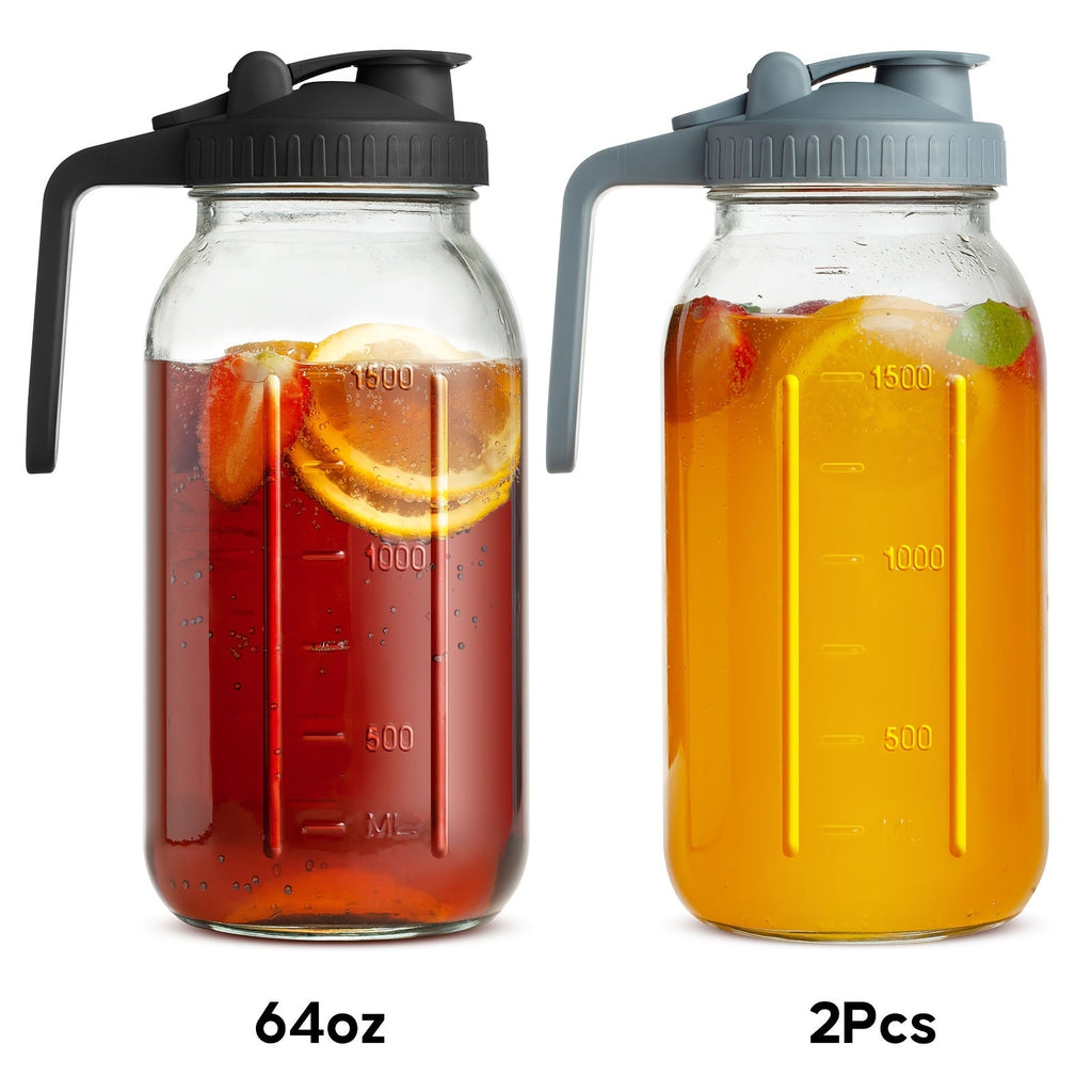 Mason Jar Pitcher 64oz Wide Mouth Glass Pitcher with Pour Spout & Handle ¨C 2 Pack Leak Proof Iced Tea Pitcher for Fridge, Coffee Creamer, Sun Tea & Juice