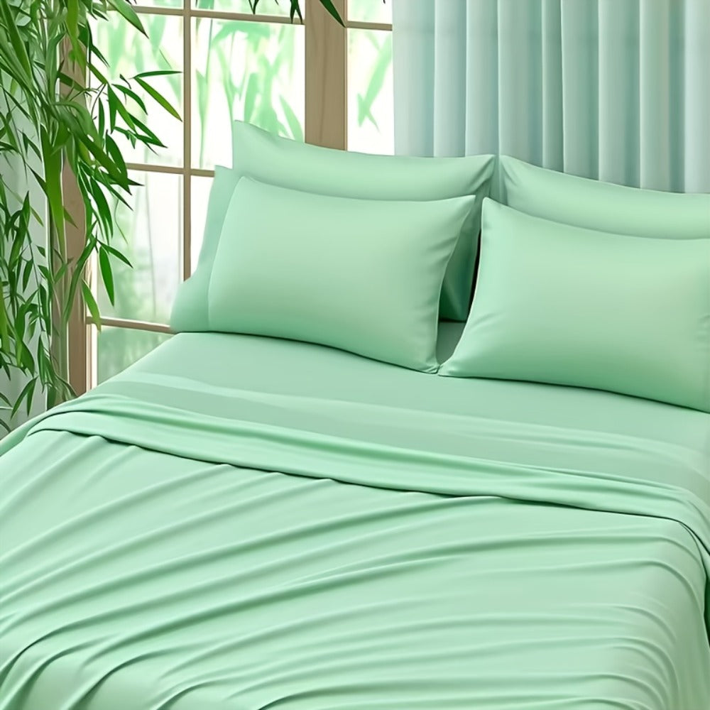 Bamboo Cooling Bed Sheet Set 4pcs - Ultra Soft Breathable Deep Pocket Fitted Sheets, 2200TC Cooling Fabric, Shrink & Wrinkle Resistant, All-Season Bedding