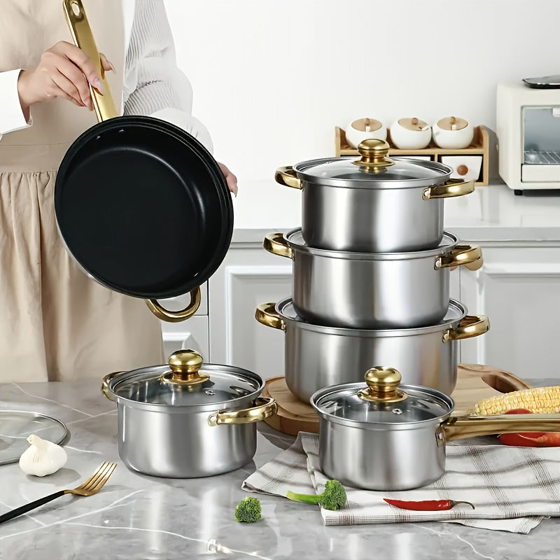 Stainless Steel Cookware Set 10 12 15 Piece Pots with Lids Double Handles Cooking Pot Set for Soup Hot Pot Noodles Pasta Home and Restaurant Kitchen Multiple Colors and Sizes Available