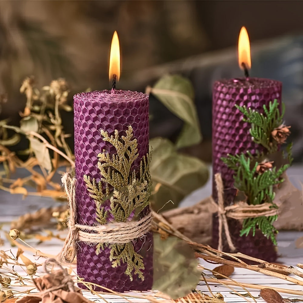 Beeswax Pillar Candles Hand Rolled with Honeycomb Texture ¨C 100% Pure Beeswax, 12+ Hour Burn, Gift Box Set for Home Decor, Christmas, Dinner & Holiday Decorations