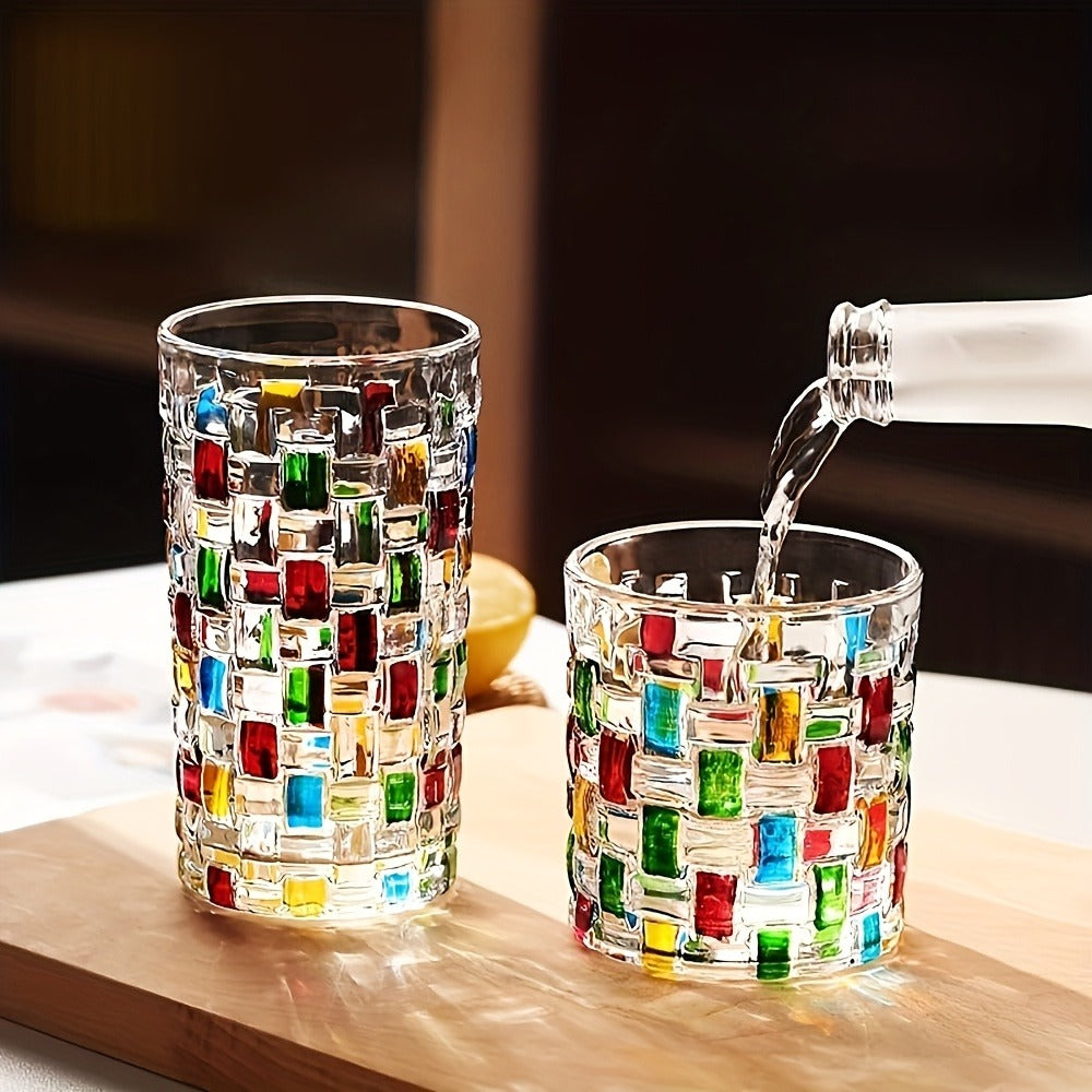 Hand-Painted Drinking Glasses Set ¨C Colorful Square Lattice Woven Handcrafted Glass for Water, Juice, Whiskey & Beer ¨C Artistic Decorative Glassware for Home Bar & Entertaining ¨C 2pc or 4pc