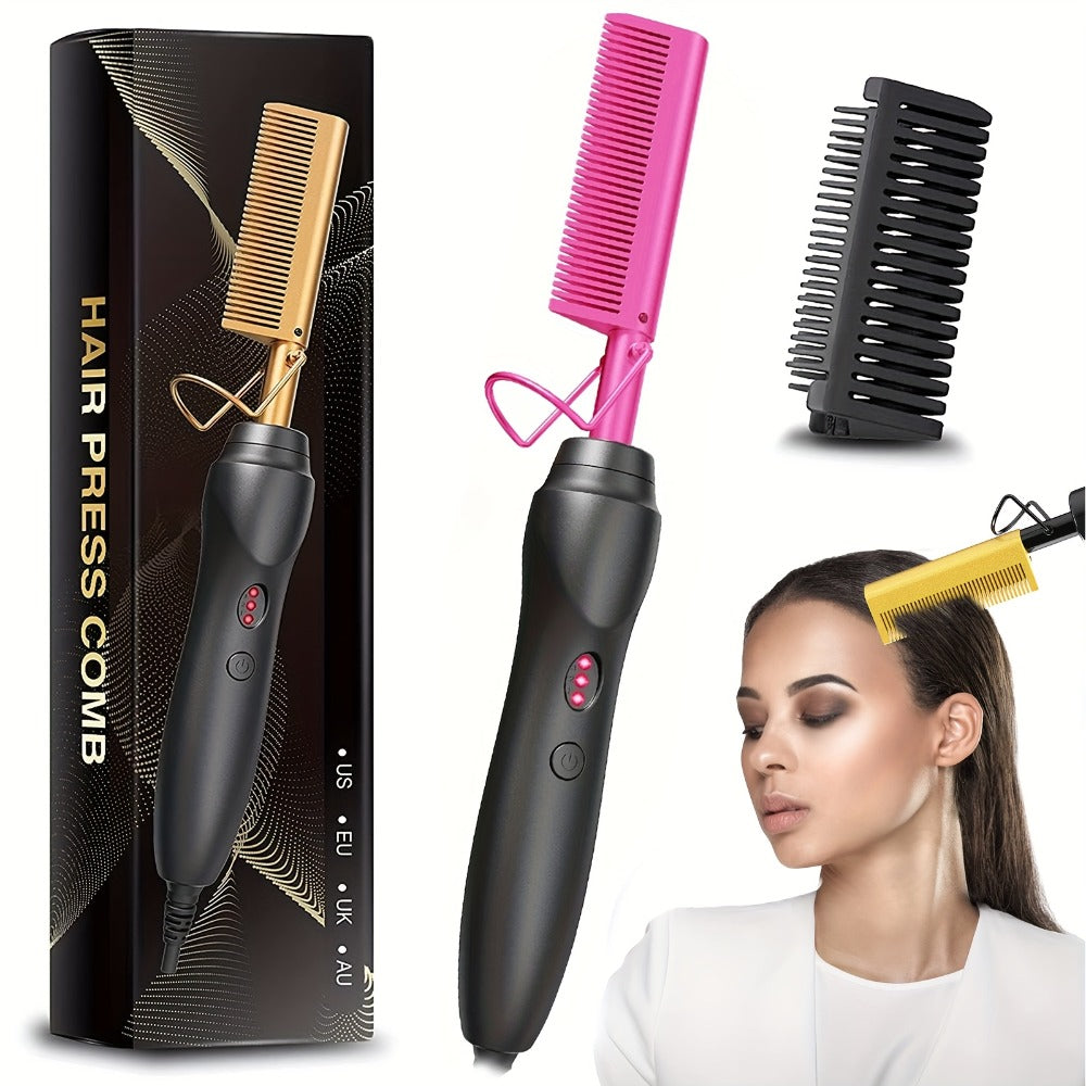 Electric Hot Comb Hair Straightener ¨C 3-in-1 Ceramic Pressing Comb for Natural Hair, Beard & Wigs, Curling & Straightening Iron with Protective Holder, Bonus 2 Clips & 1 Comb, Gift Ready