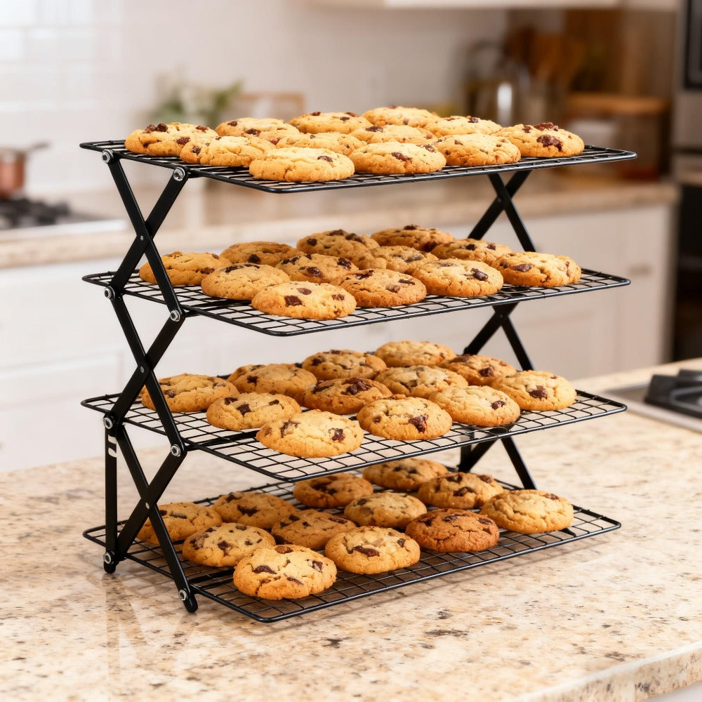 Foldable Cooling Rack for Baking, Stackable Wire Baking Rack with 4-Position Height Adjustment, Collapsible Metal Drying Rack for Cookies Cakes Bread, Camping Grill Rack