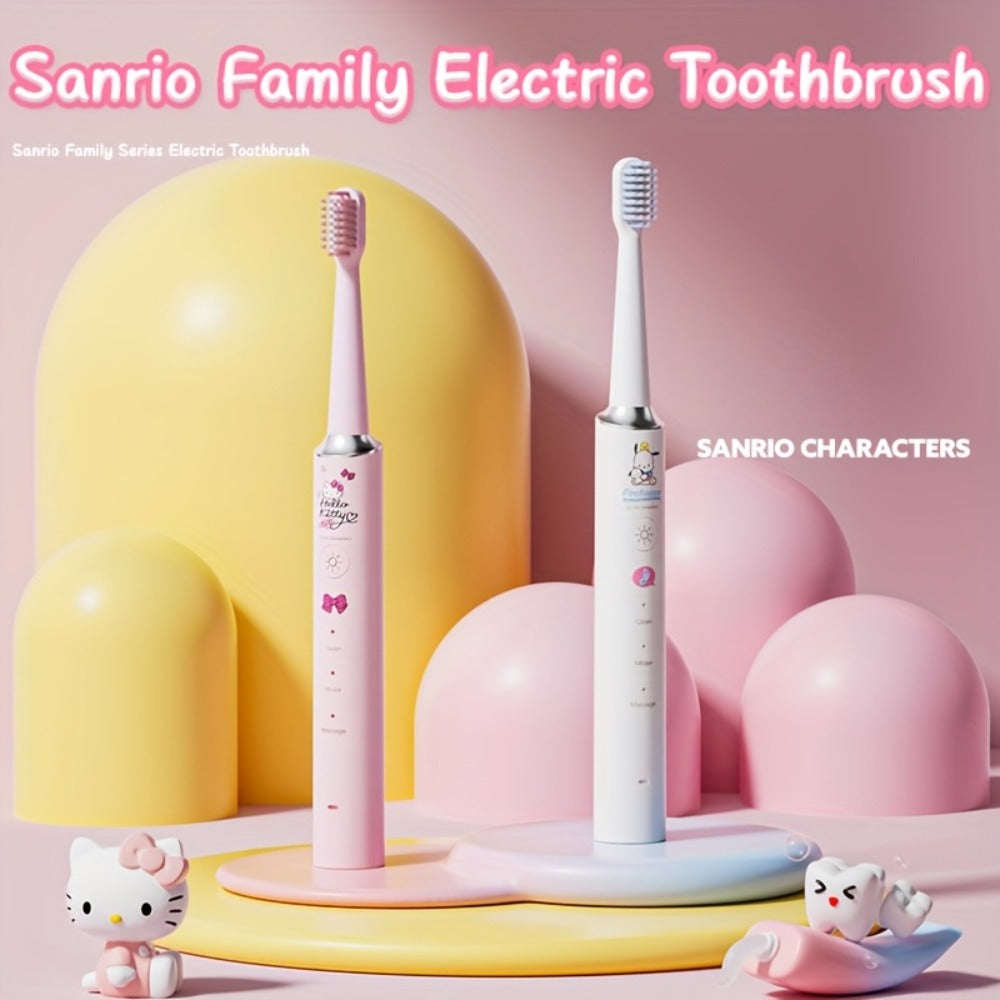 Sanrio Electric Toothbrush Hello Kitty & Pochacco - 4 Cleaning Modes, 4 Intensity Levels, 3 Replacement Brush Heads, 2-Minute Smart Timer, Cute Design Gift for Girls, Birthday, Graduation, Christmas