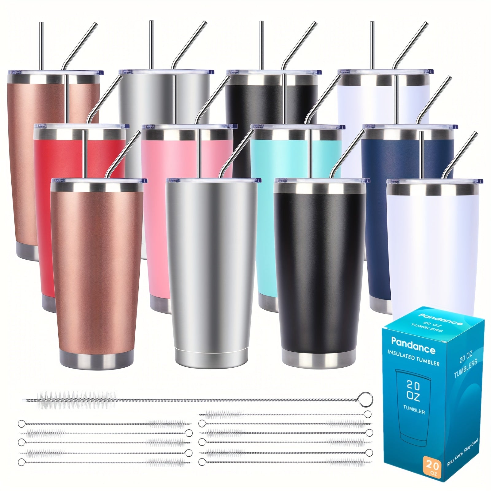 Stainless Steel Insulated Tumblers with Lid and Straw Bulk 20oz 304 Double Wall Vacuum Travel Mug for Hot Iced Coffee Drinks Water Cup Set 8pcs 12pcs 24pcs White Navy Blue Red Silver Black Mix