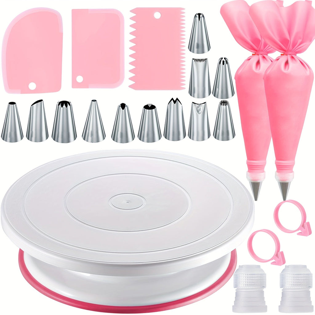 Cake Decorating Set 22-Piece with Rotating Turntable Stand, Stainless Steel Piping Tips, Pastry Bags, Icing Spatula & Scrapers, Complete Cake Decoration Kit for Beginners and Home Bakers, Pink