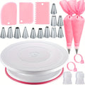Cake Decorating Set 22-Piece with Rotating Turntable Stand, Stainless Steel Piping Tips, Pastry Bags, Icing Spatula & Scrapers, Complete Cake Decoration Kit for Beginners and Home Bakers, Pink