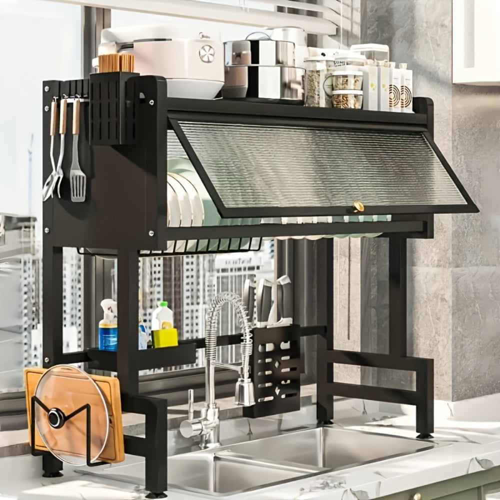 Dish Drying Rack Multi-Layer Kitchen Countertop Organizer - Dust-Free Drainer for Plates Bowls Utensils, Black Large Capacity Dish Rack
