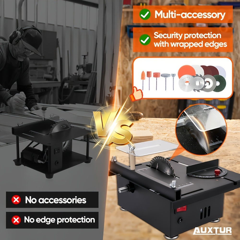 Mini Table Saw Multifunctional Desktop Cutting Machine ¨C 100W Motor, 7-Speed Adjustable, 0¨C90¡ã Angle Cut, 4 Saw Blades Included, Portable DIY Table Saw for Wood, Metal, Plastic, PCB, Acrylic ¨C with Extra Accessories Option