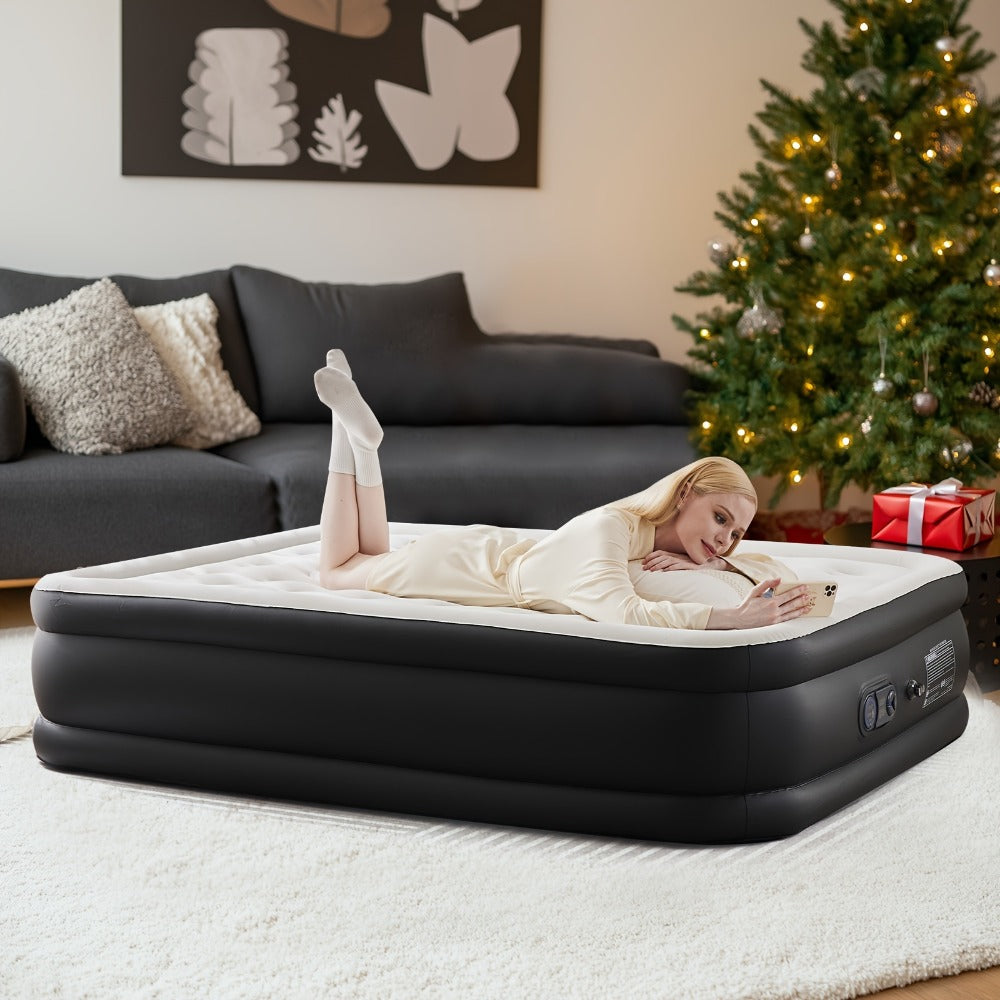 Inflatable Air Mattress with Pump Flocking Surface High Load Capacity Portable Air Sleeping Bed for Camping Hiking Beach Indoor Outdoor Guest Use, Easy Storage Compact Design