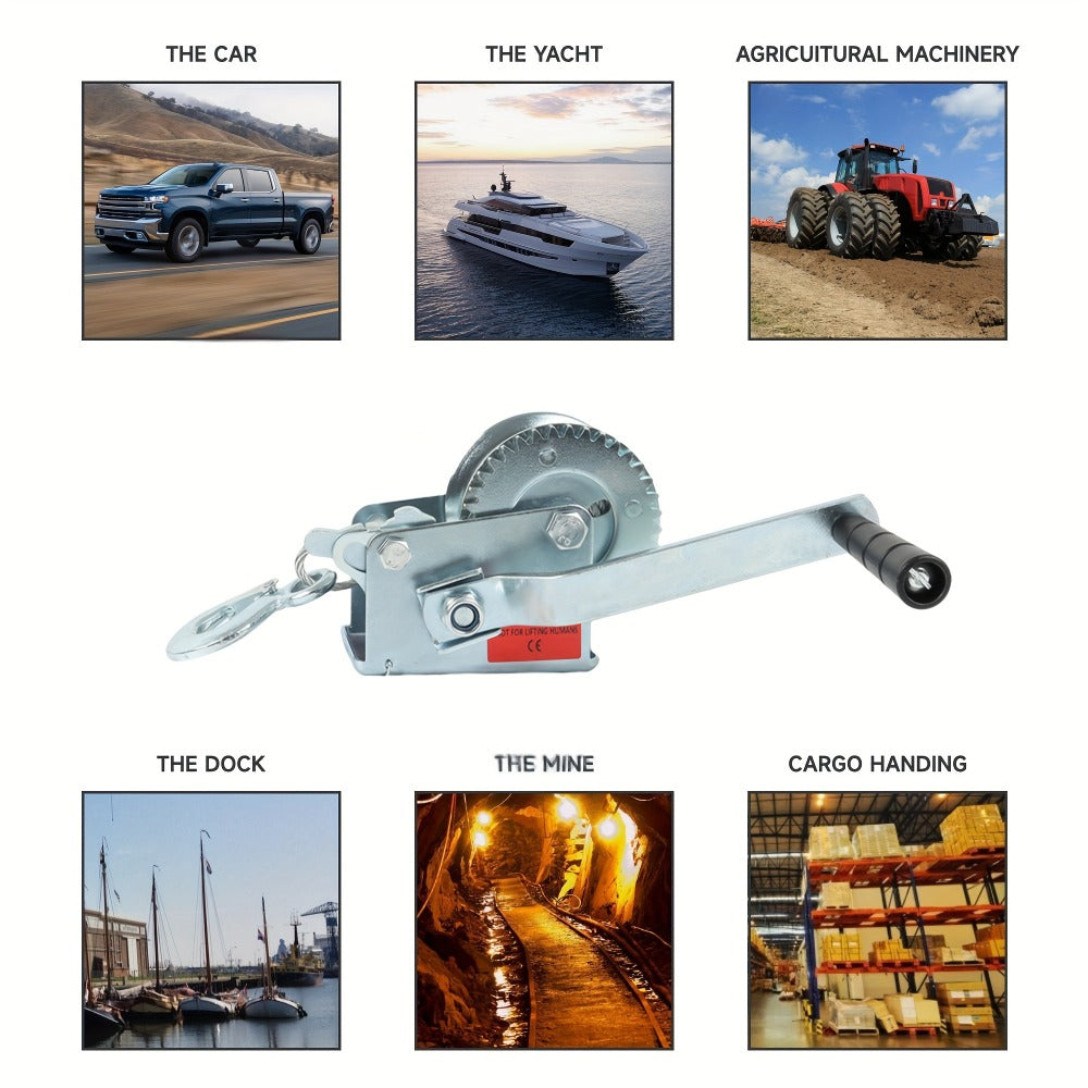 Manual Hand Winch Heavy Duty Carbon Steel 800-1600 lbs - Double Brake Safety System, Strap Winch with Mooring Hook & Safety Pawl, for Boat, ATV, Trailer, Farm, Garage & Industrial Pulling Tasks