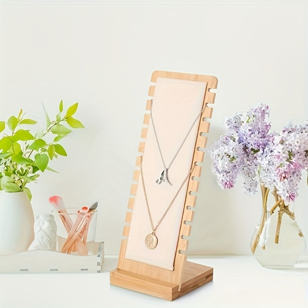 Bamboo Jewelry Necklace Display Stand 2 Pack - Multi-Hook Necklace Holder Tower, Tabletop Showcase Organizer for Retail Store, Beige Rectangle Jewelry Stand No Tools Required