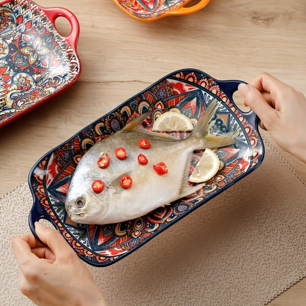 Ceramic Serving Platter Set of 4, Bohemian Rectangular Fish Dish with Double Handles, Baking Tray for Sushi Pasta Desserts Salads Fruits, Ideal for Family Gatherings Picnics Restaurants