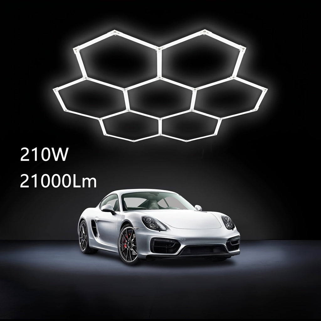 LED Hexagonal Garage Light 6500K ¨C Super Bright Daylight White Shop Light 42W¨C620W for Auto Detailing, Warehouse, Workshop, Basement & Gym (1 to 32 Grids, Hex Frame Available)