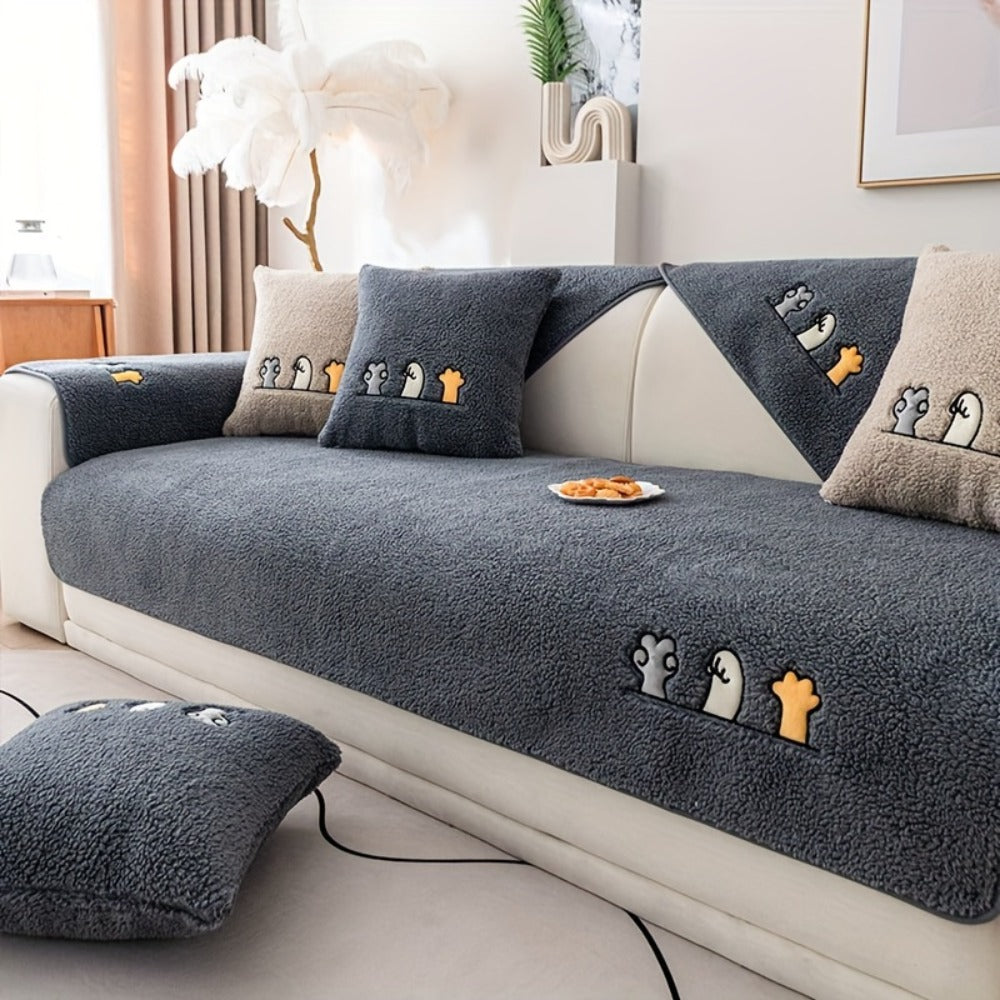 Plush Shearling Sofa Cover Non-Slip Pet-Friendly Couch Protector Animal Bone Embroidery Soft Warm for Living Room Bedroom Office 2 3 4 Seater