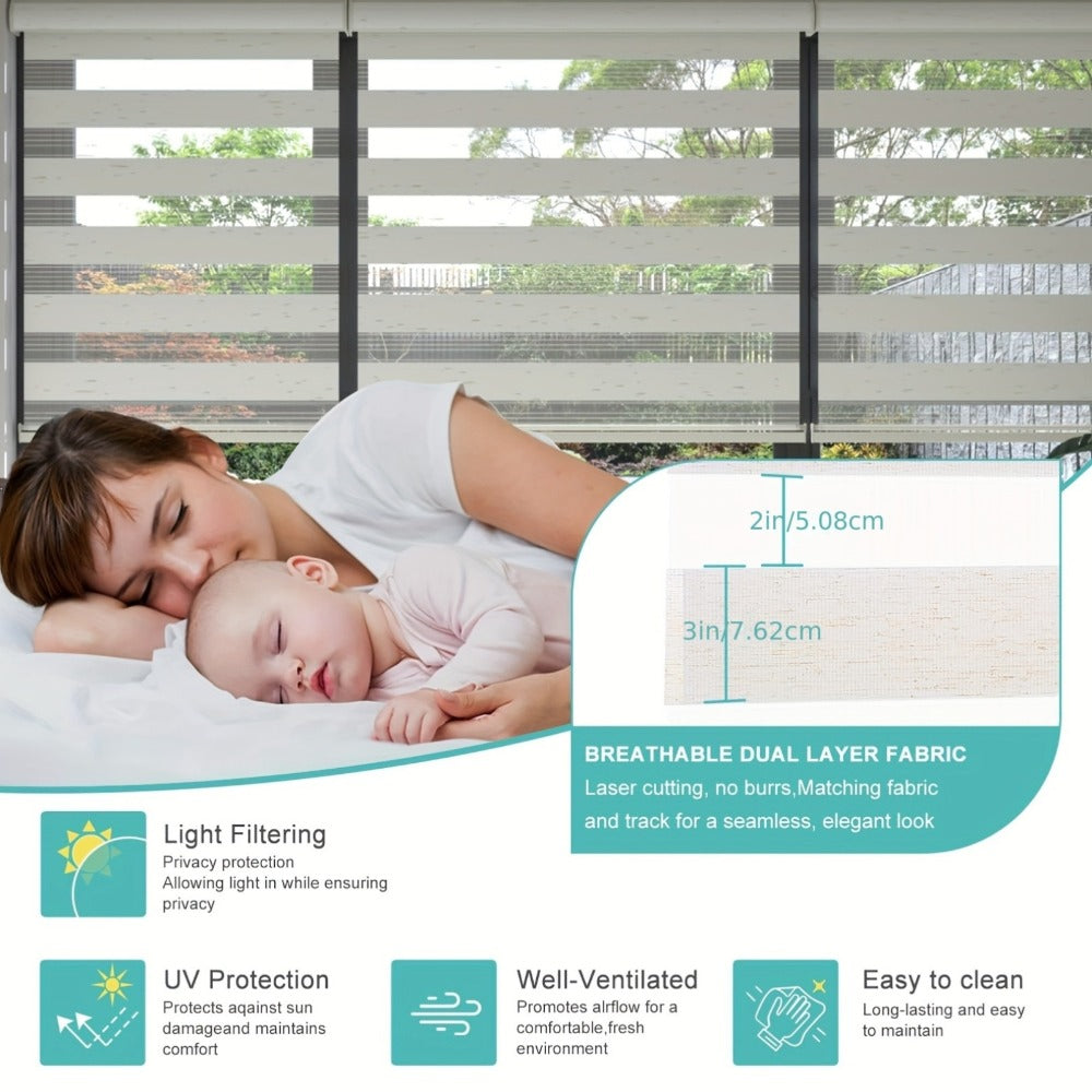 Cordless Zebra Roller Shade with Valance ¨C Day Night Window Blind, Light Filtering Dual Layer Window Treatment Mesh Opaque Fabric