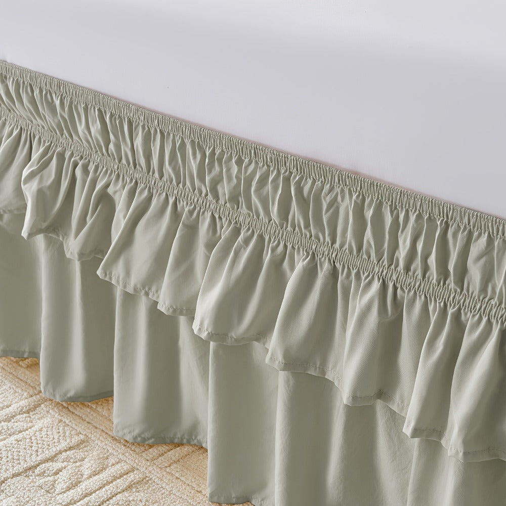 Double Ruffle Bed Skirt 16¡± Drop | Elastic Wrap Around Dust Ruffle for Twin Full Queen King Bed | Easy Install Machine Washable Soft Linen Poly Blend Bedskirt