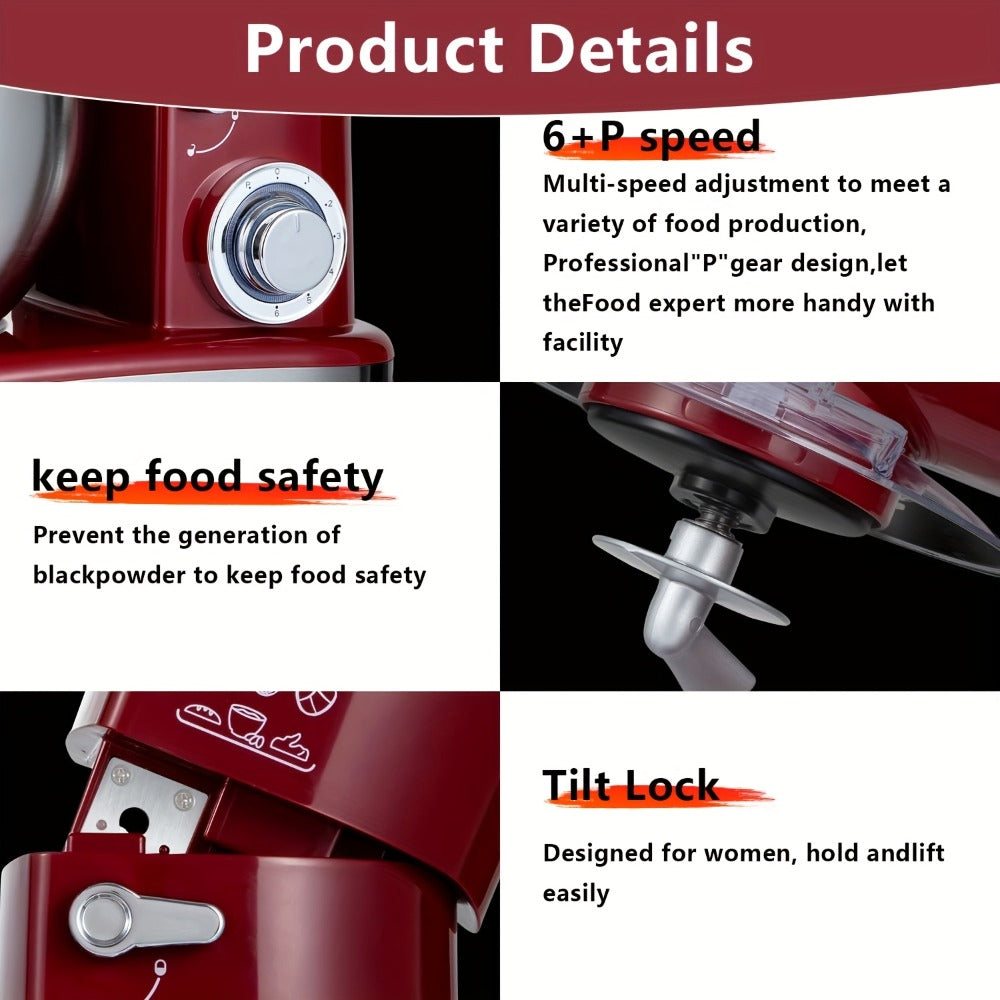 Stand Mixer 6-in-1 400W with 6.3QT Stainless Steel Bowl ¨C 6-Speed & Pulse Tilt-Head Kitchen Mixer with Dough Hook Beater Whisk Juicer Meat Grinder Noodle Press | Electric Food Mixer Black Red Purple Silver