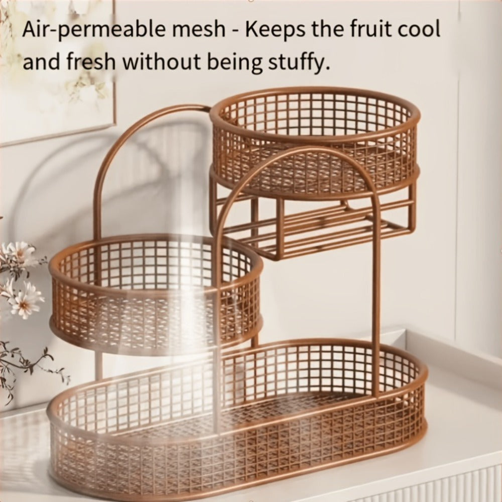 3-Tier Metal Fruit Basket Stand Extra Large Heavy Duty Countertop Fruit Bowl with Grid Design, Breathable Ventilated Multi-Level Storage Rack for Fruits Vegetables Bread Kitchen Organization