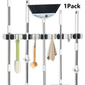 Mop and Broom Holder Wall Mount ¨C Stainless Steel Heavy Duty Self Adhesive Rack with 5 Slots & 4 Hooks, No-Drill Storage Organizer for Kitchen Garage Laundry Garden Home