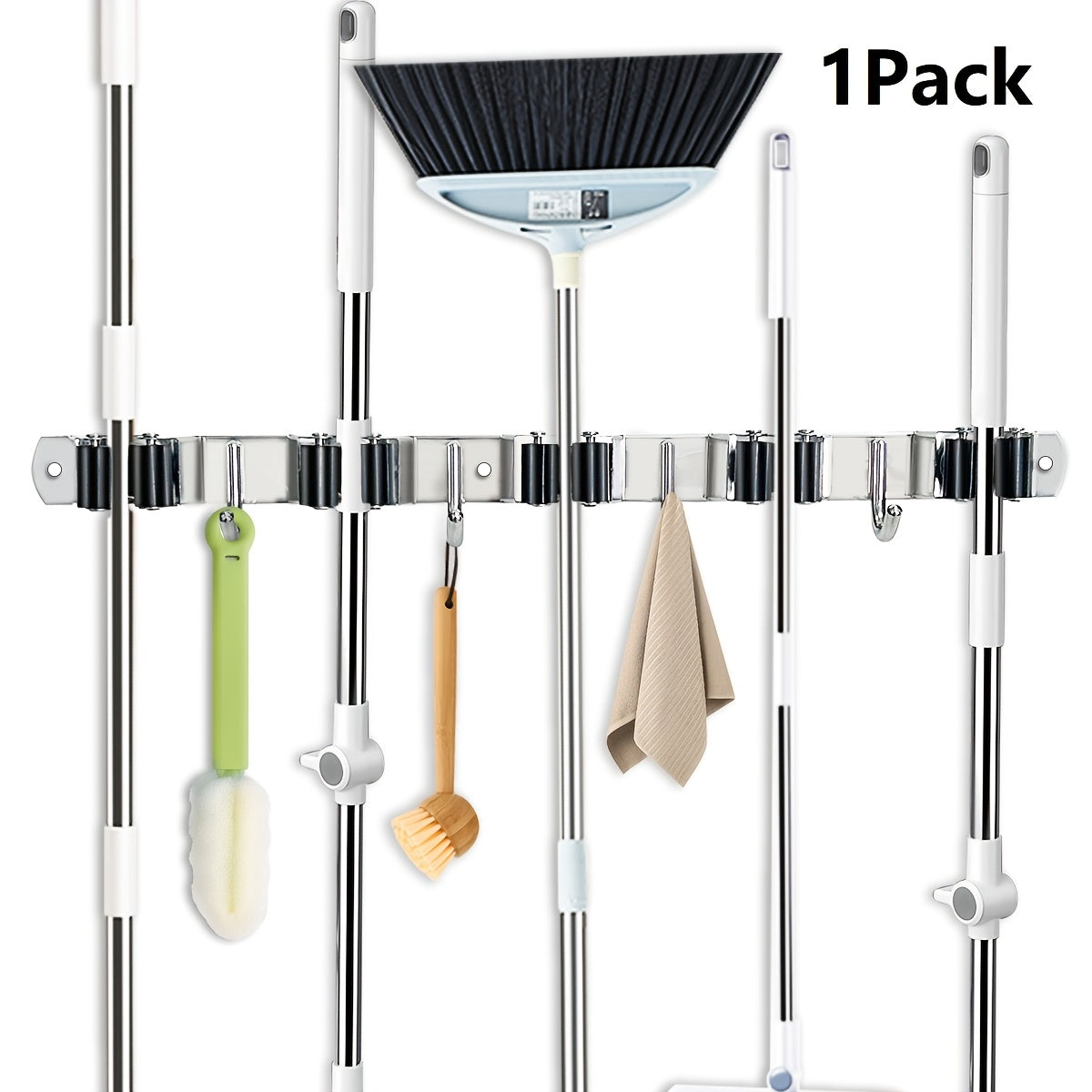 Mop and Broom Holder Wall Mount ¨C Stainless Steel Heavy Duty Self Adhesive Rack with 5 Slots & 4 Hooks, No-Drill Storage Organizer for Kitchen Garage Laundry Garden Home