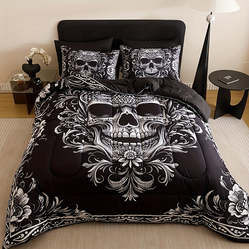 Skull Quilt Set 3pcs Gothic Victorian Comforter with 2 Pillowcases | Black Gray Digital Print Bedding Twin Full Queen King