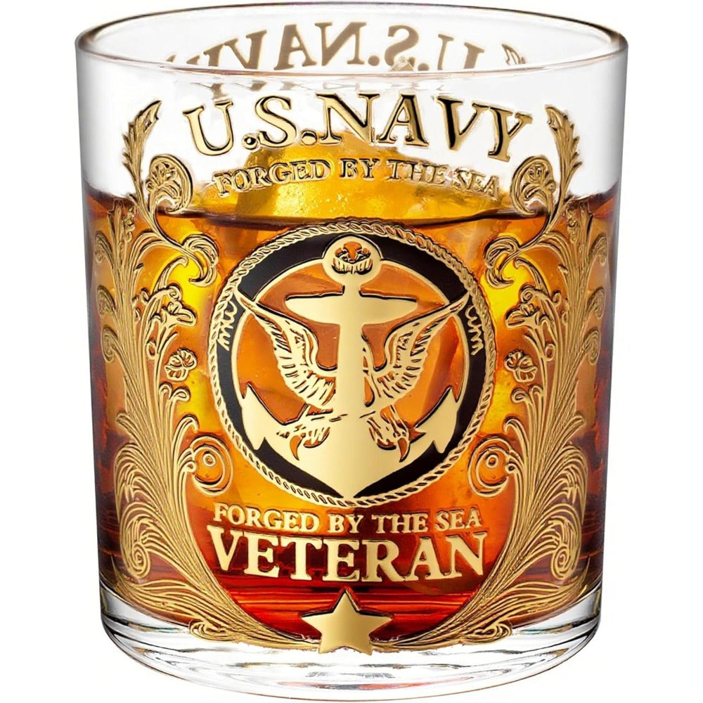 Engraved Veteran Tribute Whiskey Glass 10oz - US Navy Military Gift, Personalized Patriotic Whiskey Glasses for Dad, Military Vet Anniversary Gift