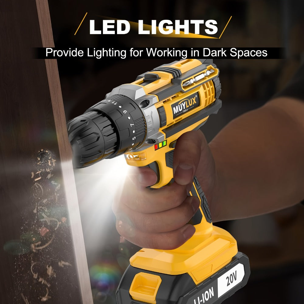 20V Cordless Drill Set Impact Power Drill 3/8 Inch Keyless Chuck 18+3 Clutch 45Nm Max Torque 2-Speed Work Light 2.0Ah Battery Fast Charger 136 148 PCS Kit