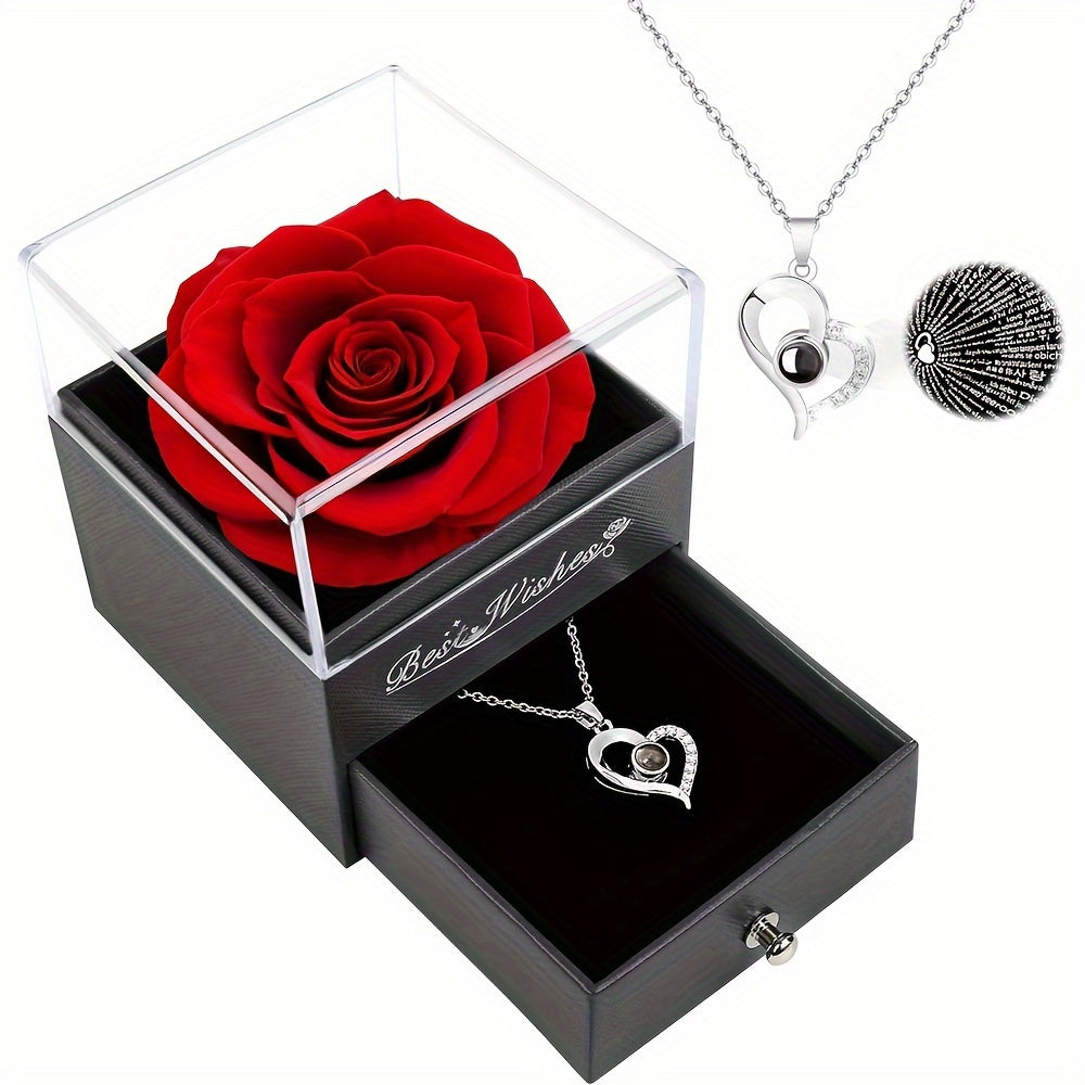 Preserved Real Rose Gift Box with I Love You in 100 Languages Necklace ¨C Romantic Gifts for Girlfriend Wife Mom ¨C Valentine's Day Birthday Mother's Day Christmas Gift Idea for Women