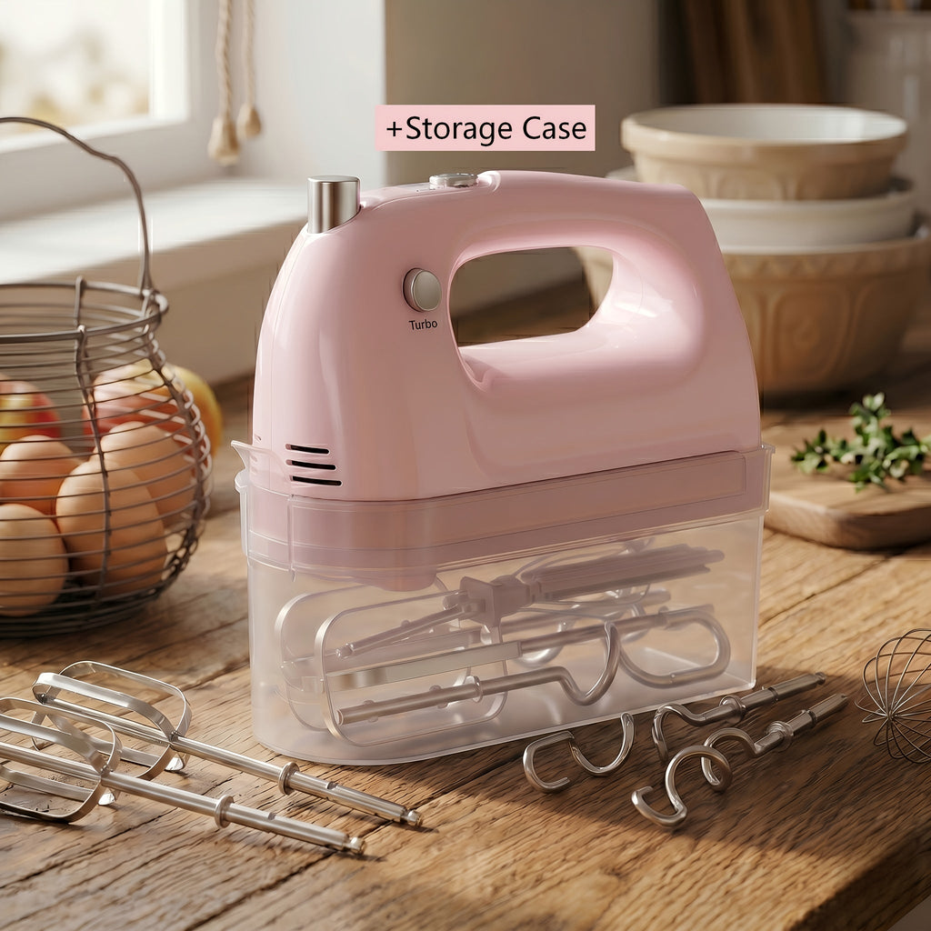 Electric Hand Mixer 5 Speed Turbo Boost - 5 Stainless Steel Accessories, Optional Storage Case, Handheld Mixer for Cookies, Cake, Bread & Baking, Kitchen Gift in 5 Colors Pink Green Purple Black