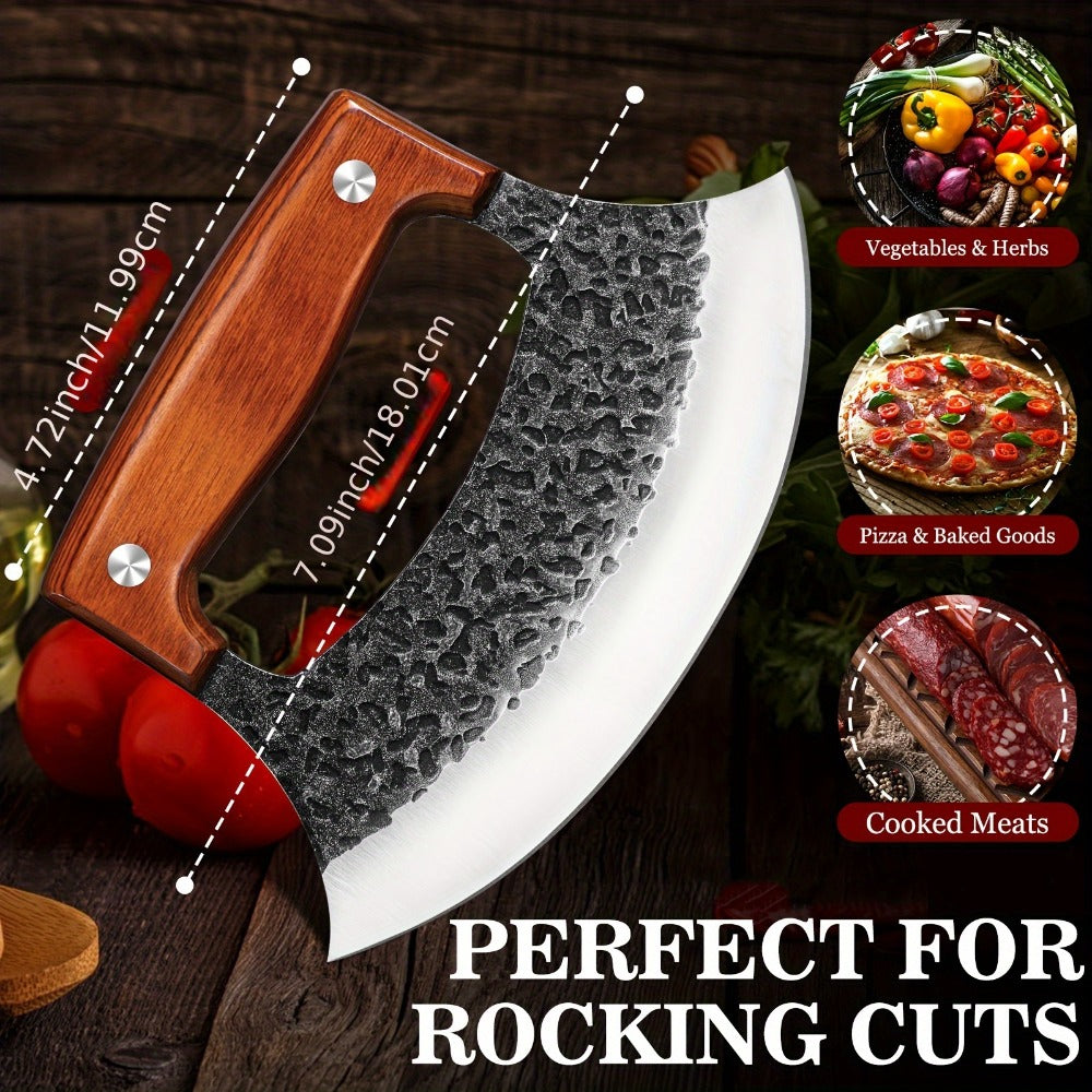 Hand-Forged Ulu Knife Rocker Blade High Carbon Steel Full Tang Rosewood Handle with Leather Sheath & Gift Box, Mezzaluna Chopping Knife for Kitchen Camping BBQ, Chef Gift for Men