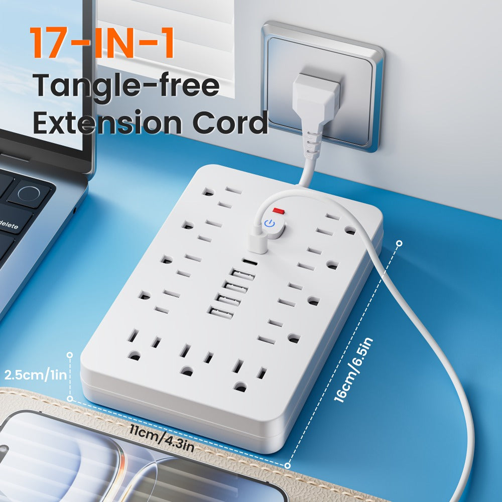 Extension Cord Power Strip with USB Ports 11 AC Outlets 4 USB-A 2 USB-C Surge Protector Overload Protection Short Cord 5FT 10FT for Home Office Study School Desk Charging Station White Black