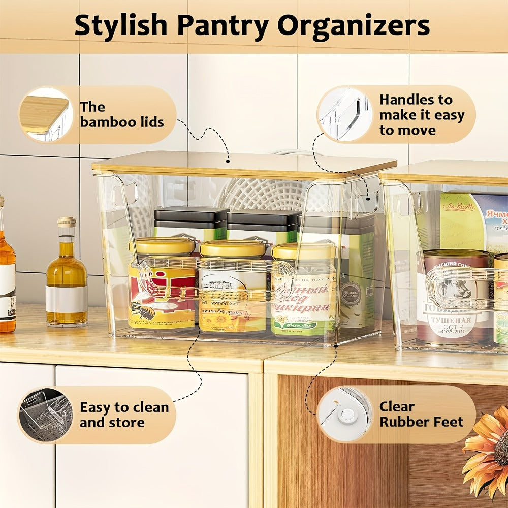 Stackable Kitchen Food Storage Organizer Boxes Clear Acrylic 2 Pack | Extra Large Transparent Produce Storage for Onions Potatoes Fruits Vegetables | Cabinet Pantry Space Saver with Garbage Bags