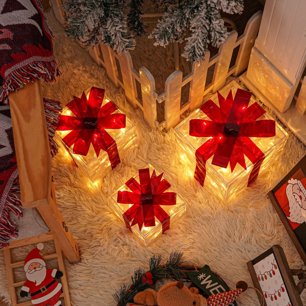 Christmas Light-Up Gift Boxes Set of 3 ¨C USB & Battery LED Warm White Lighted Decorations with Timer, 8 Lighting Modes, Red Bow, Indoor Outdoor Holiday Home Decor