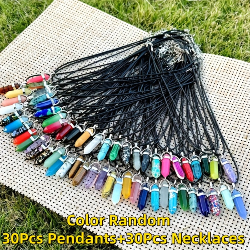 Crystal Natural Stone Pendant Necklace Set Bulk 60Pcs 30Sets Hexagonal Shaped Assorted Color for Jewelry Making Craft DIY Daily Wear Gift