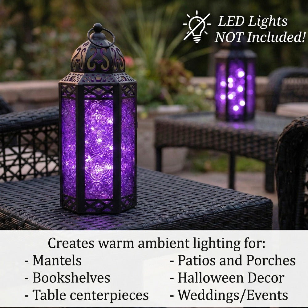 Moroccan Candle Lantern Holder - Decorative Metal & Glass Lantern with Embossed Floral Design for Indoor Home Decor, Garden, Patio, Weddings, Ramadan, Halloween & Holiday Celebrations - 10.5¡± Tall Medium Size
