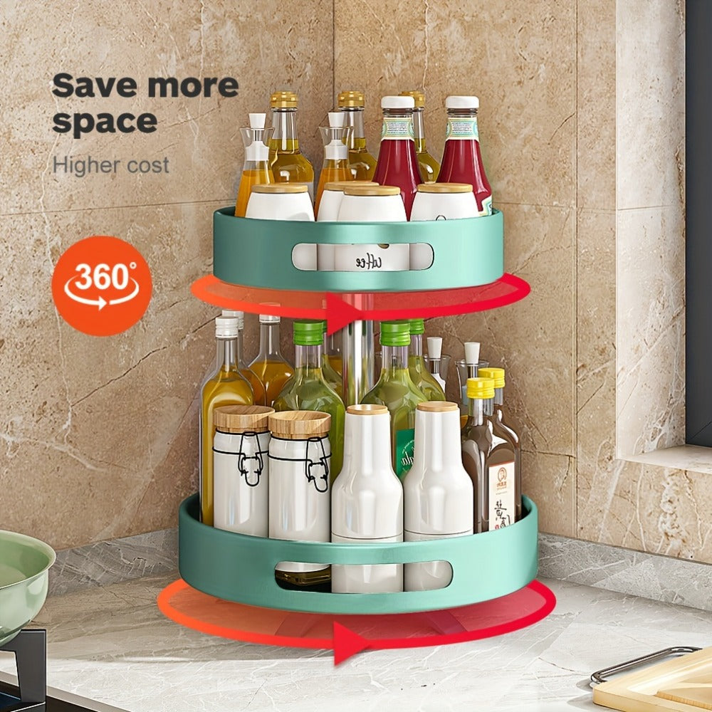 Rotating Spice Rack Double Layer Stainless Steel Countertop Corner Seasoning Storage Organizer for Kitchen Pantry Cabinet Green Silver White Black