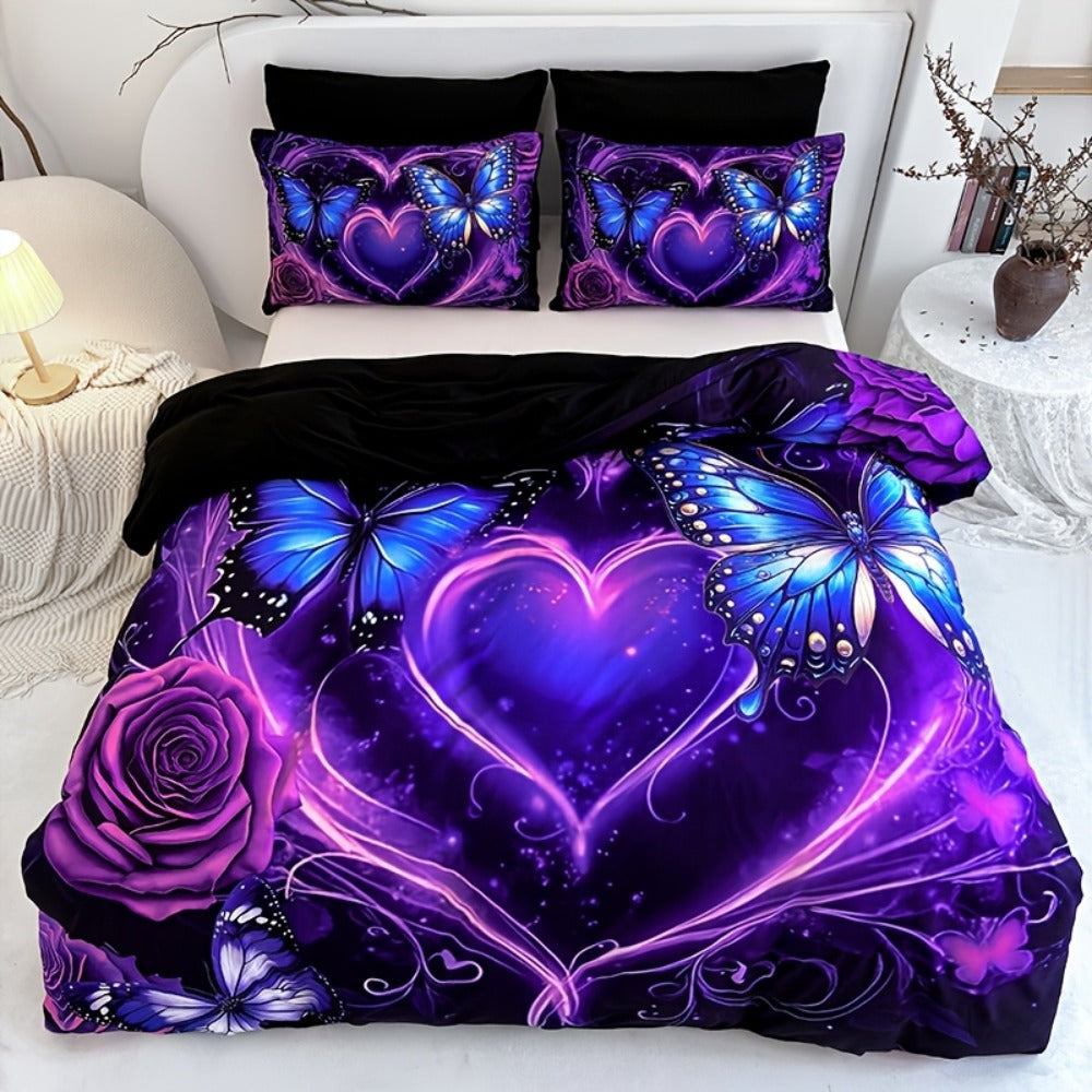 Purple Butterfly Floral Duvet Cover Set 3pcs - Colorful Fancy Butterfly Love Flower Bedding Set with 1 Duvet Cover & 2 Pillowcases, High-Definition Print, Twin Full Queen King, Polyester Bedroom Decor